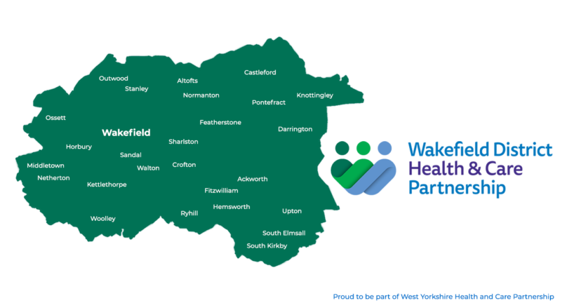 A map of the Wakefield District with towns and village names on