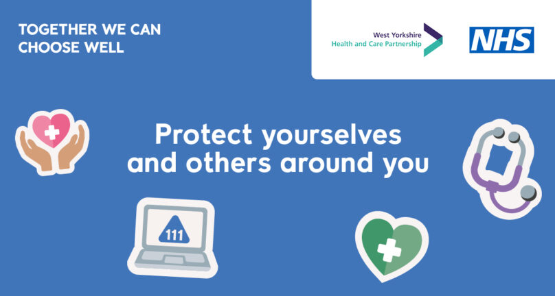 Protect yourselves and others around you. Icons of open hands holding a pink heart with white cross, laptop screen with NHS 111 logo, green heart with white cross and a stethoscope.