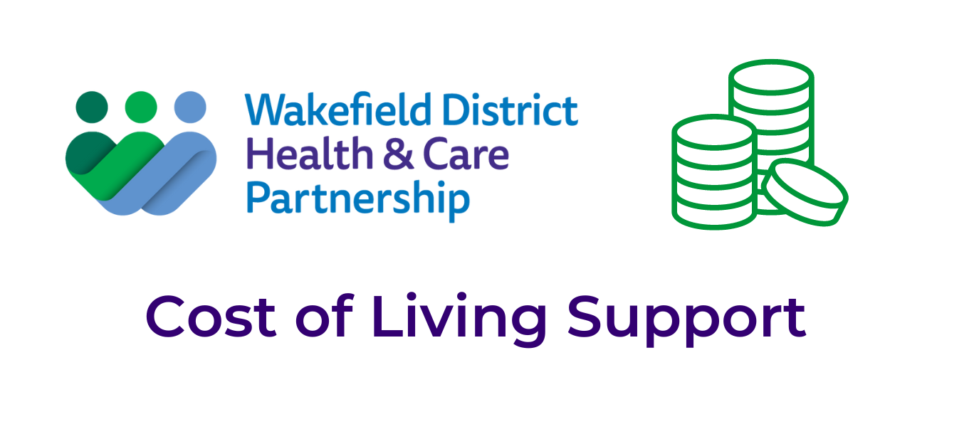 Wakefield District Health and Partnership logo with coins and caption 'Cost of Living Support'