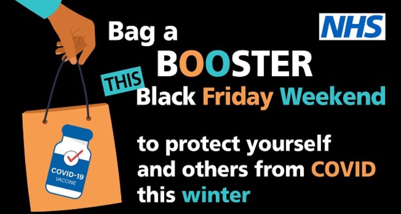 COVID-19 vaccine in a bag with caption: 'Bag a Booster this Black Friday weekend'
