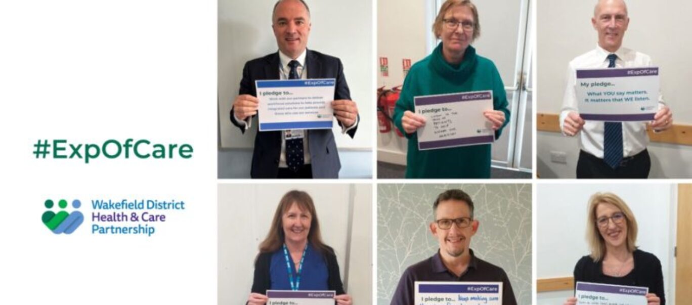 Collage of Wakefield District Health and Care Partnership (WDHCP) staff holding pledges for Experience of Care Week alongside WDHCP logo and #ExpOfCare hashtag