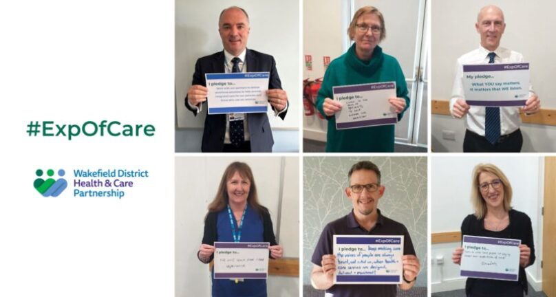 Collage of Wakefield District Health and Care Partnership (WDHCP) staff holding pledges for Experience of Care Week alongside WDHCP logo and #ExpOfCare hashtag
