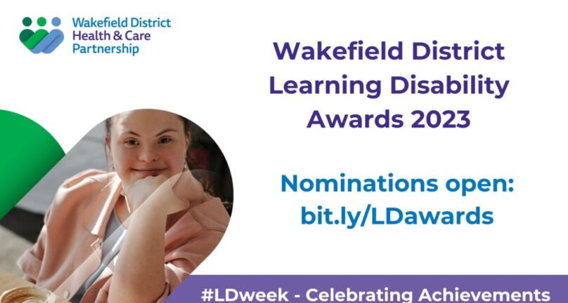 Image of young woman in heart shaped cutout alongside words: Wakefield District Learning Disability Awards 2023