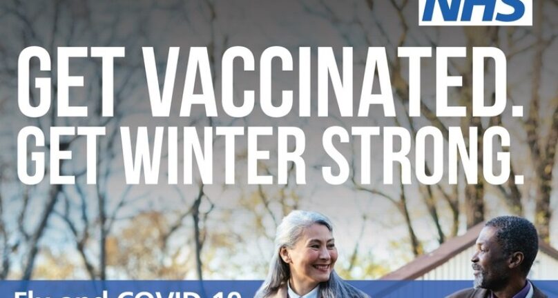 NHS logo. Get vaccinated. Get winter strong. Flu and COVID-19 vaccines reduce the risk of serious illness in colder months.